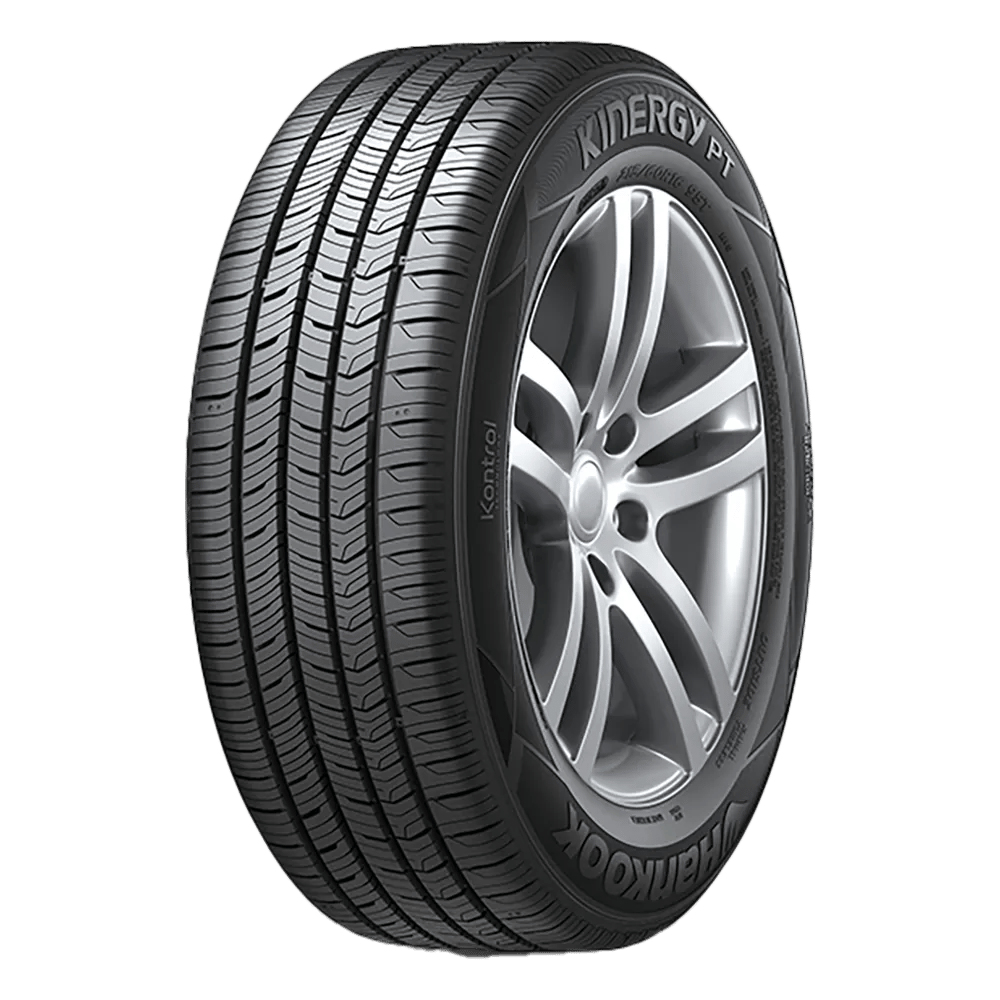 Front side view of a Hankook Kinergy PT tire with a five-spoke aluminum alloy rim. 