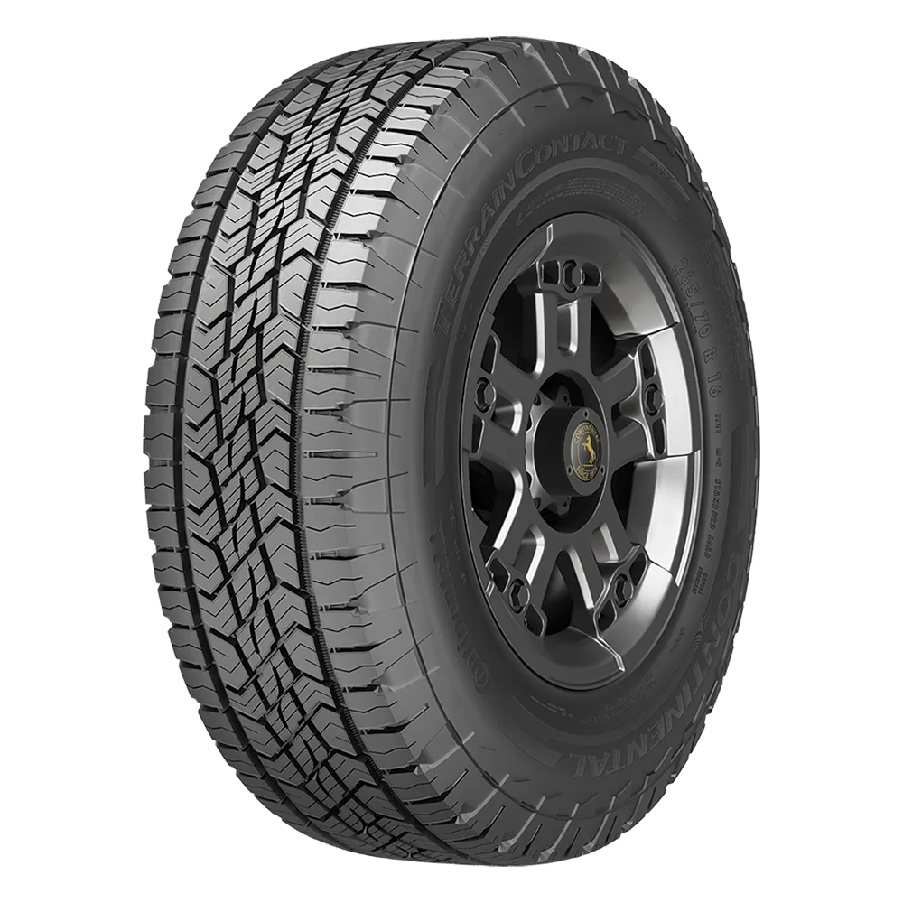 Photo of Continental terrain contact all terrain tire mounted on a gloss black rim