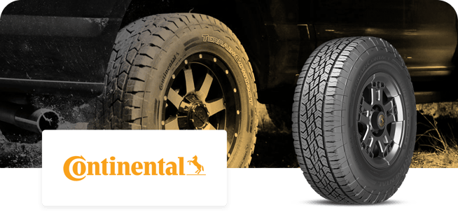 A Continental TerrainContact tire displayed prominently with a background image of a black vehicle equipped with the same tire. The Continental logo is visible in the foreground.