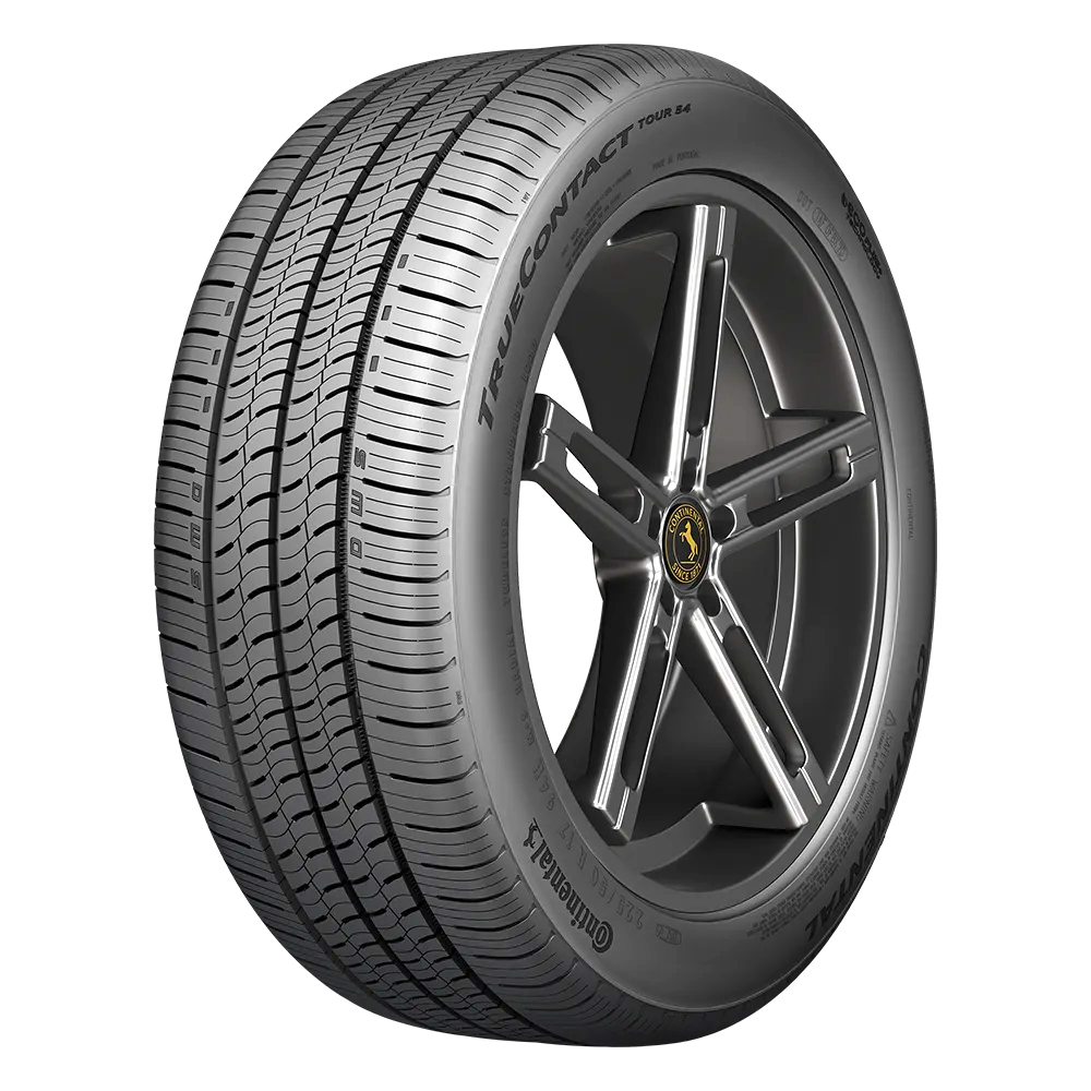 Side front view of a TrueContact Tour 54 tire mounted on a five-spoke gunmetal wheel with a Continental logo in the center.