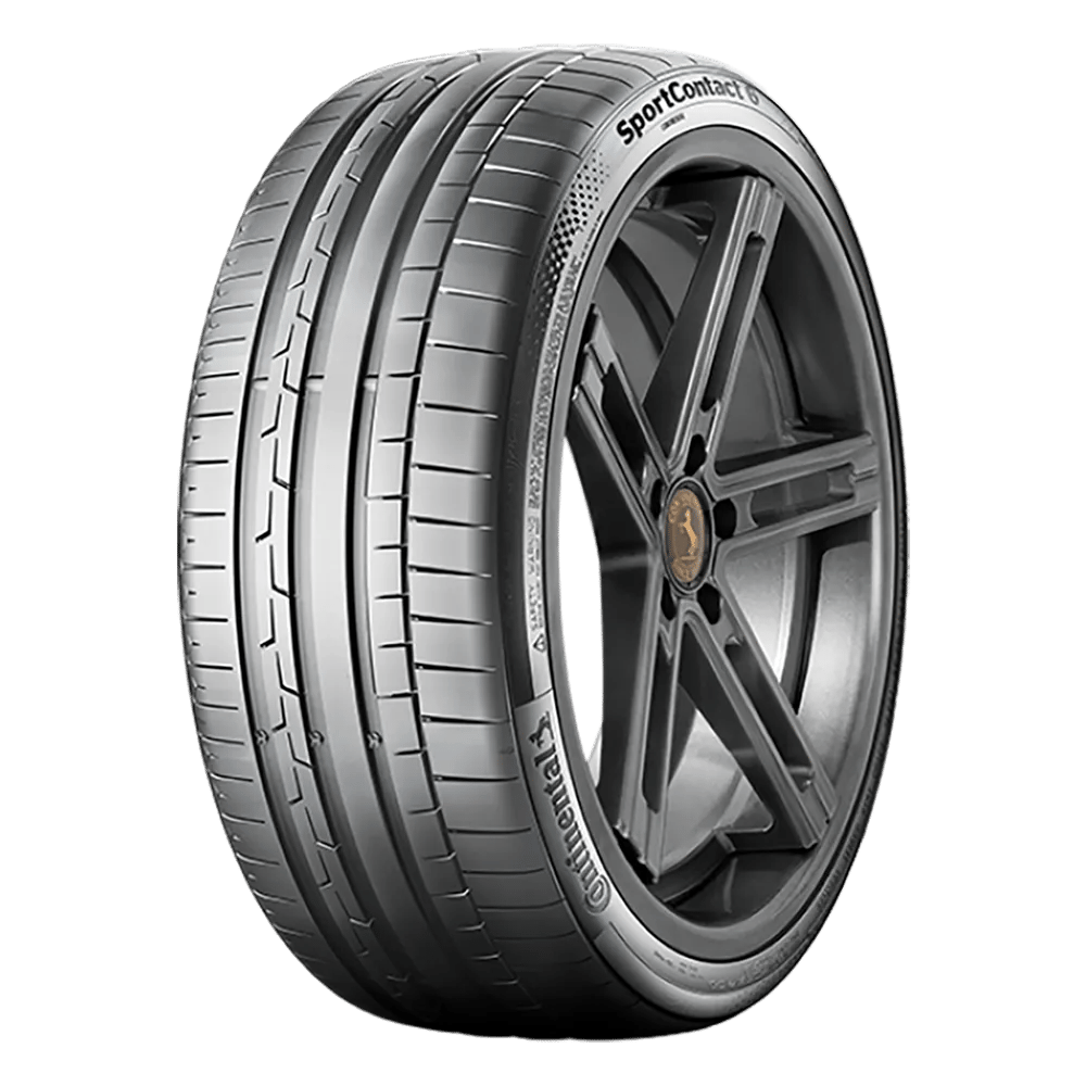 A Continental SportContact 6 summer tire mounted on a five-spoke wheel with the Continental logo in the middle.