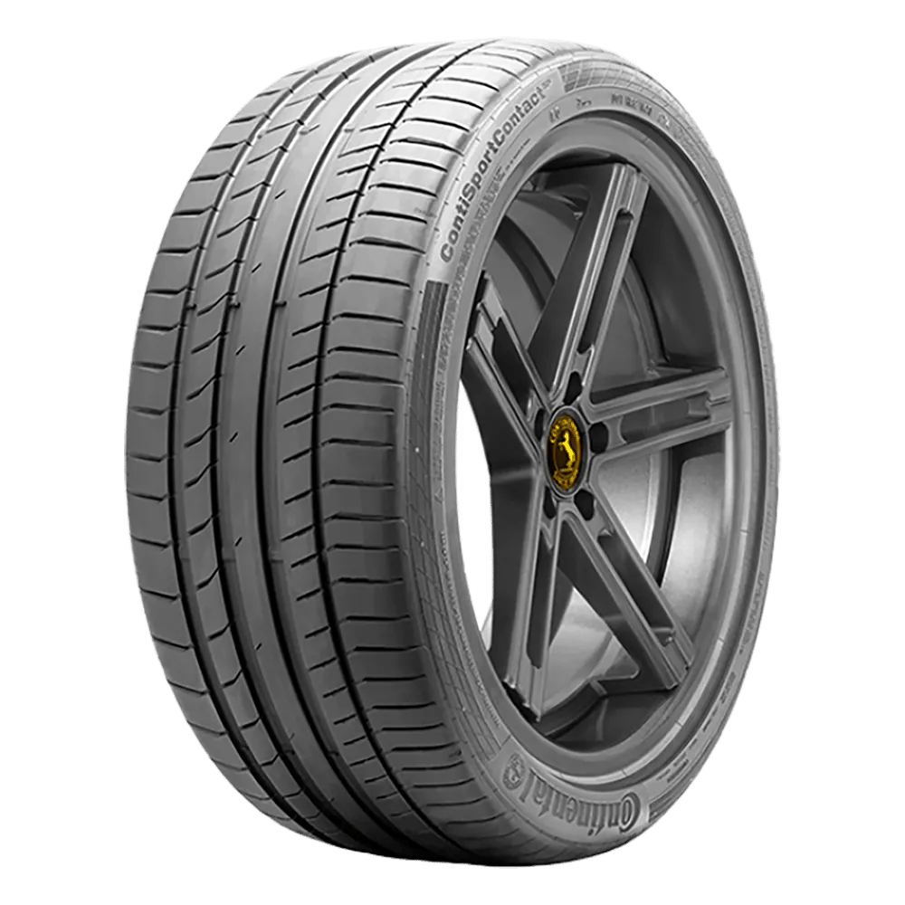front side view of a contisport contact tire on a five-spoke rim with the continental logo. This is a grippy tire.