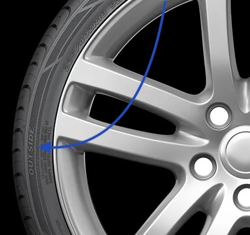 A blue arrow points to the word "outside" on this asymmetrical Hankoon Ventus tire.