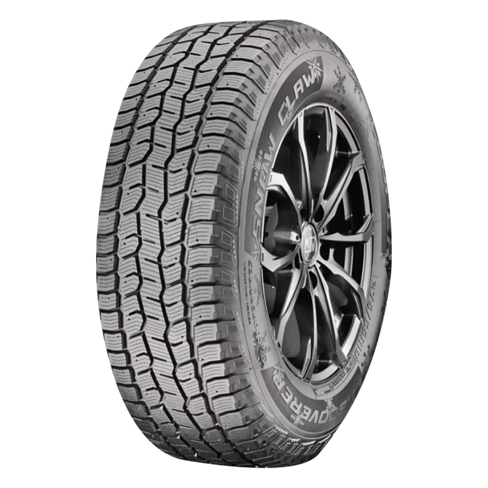 A front side view of a Discoverer Winter Claw tire on a wheel with 10 spokes. Holes for studs are visible.