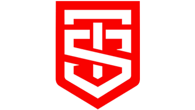 Red and white abstract logo featuring stylized initials "TS" within a shield shape.