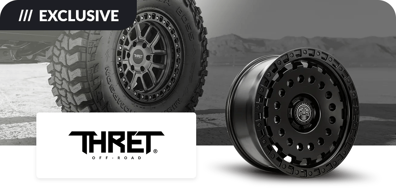 Promotional image featuring a black off-road tire and wheel with the brand name 'THRET' displayed prominently on the sidewall, and a close-up of the wheel with THRET logo in the center. The text 'EXCLUSIVE' is shown at the top left corner.
