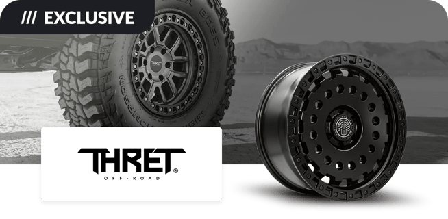 Promotional image featuring a black off-road tire and wheel with the brand name 'THRET' displayed prominently on the sidewall, and a close-up of the wheel with THRET logo in the center. The text 'EXCLUSIVE' is shown at the top left corner.