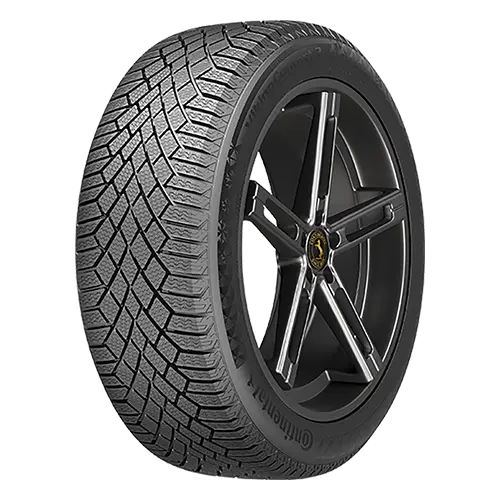 A Conti Viking Contact car tire with a detailed tread pattern and a glossy black rim.