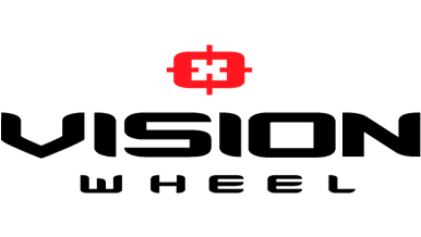 Logo of Vision Wheel with bold black lettering and a red design resembling a wheel above the word "Vision."